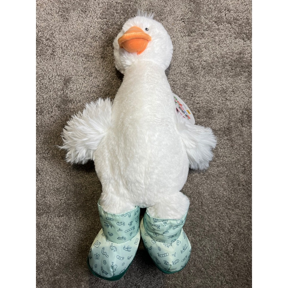 Giggle Scape White Goose Plush Stuffed Animal with Mint Green Bug Rain Boots NEW